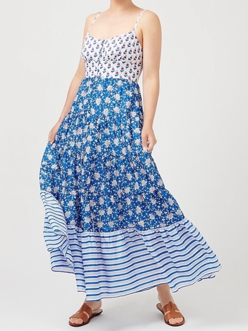 J. Crew Button-Front Tiered Maxi Dress in White & Blue Mixed Block Prints SZ 8